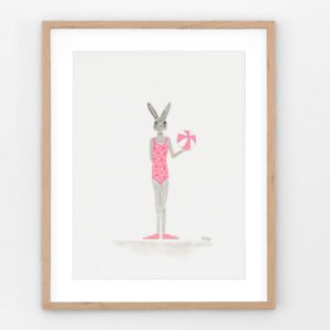 Charcoal and acrylic artwork of a bunny in a pink swimsuit and flippers, standing on a beach.