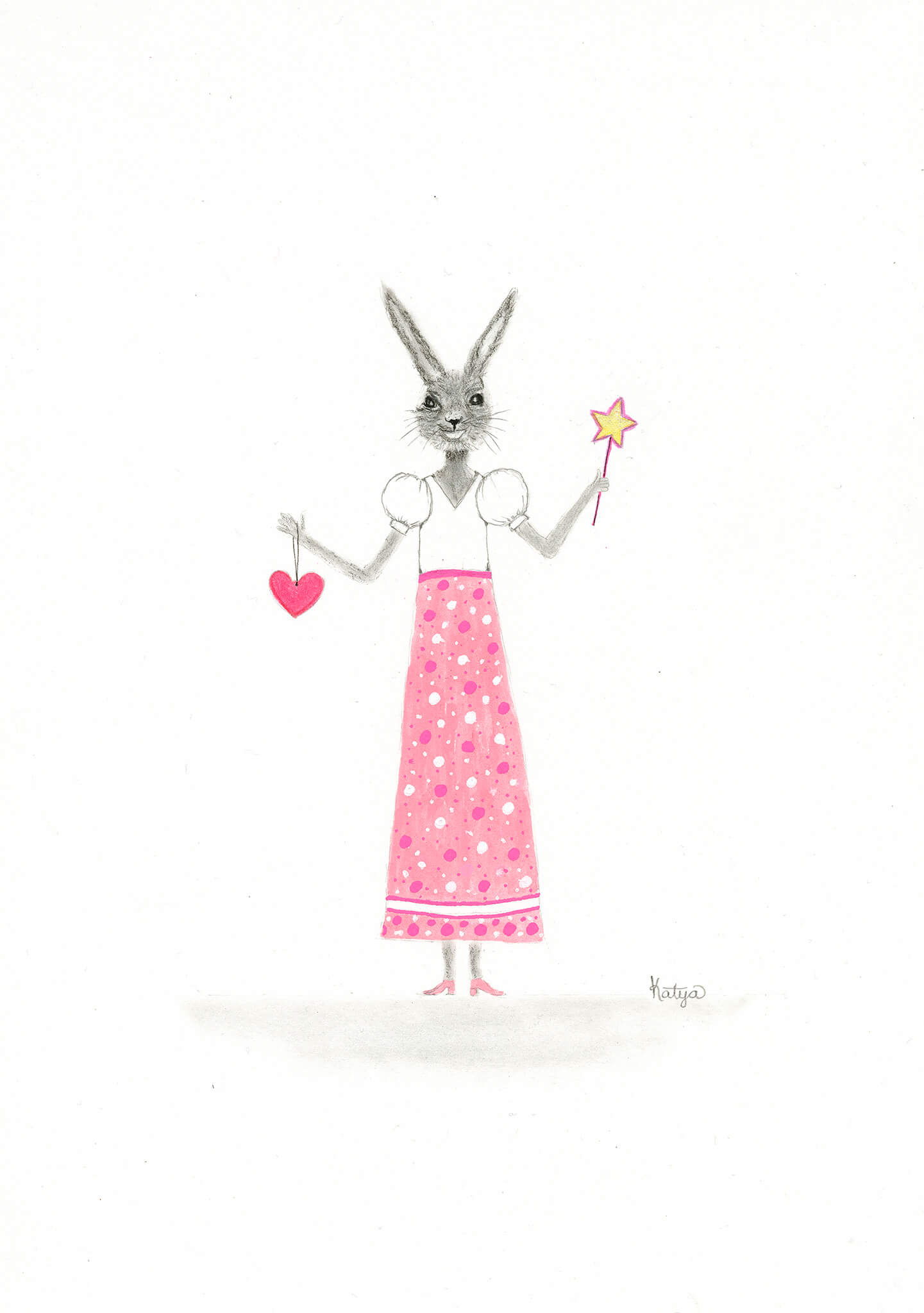Charcoal drawing of a rabbit in a pink polka dot skirt and white blouse holding a heart and magic wand.