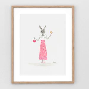 Charcoal drawing with acrylic accents of a bunny dressed in a white blouse and pink polka dot skirt, holding a magic wand and a glowing pink heart—whimsical cottagecore fairy art by Cathy Turner.