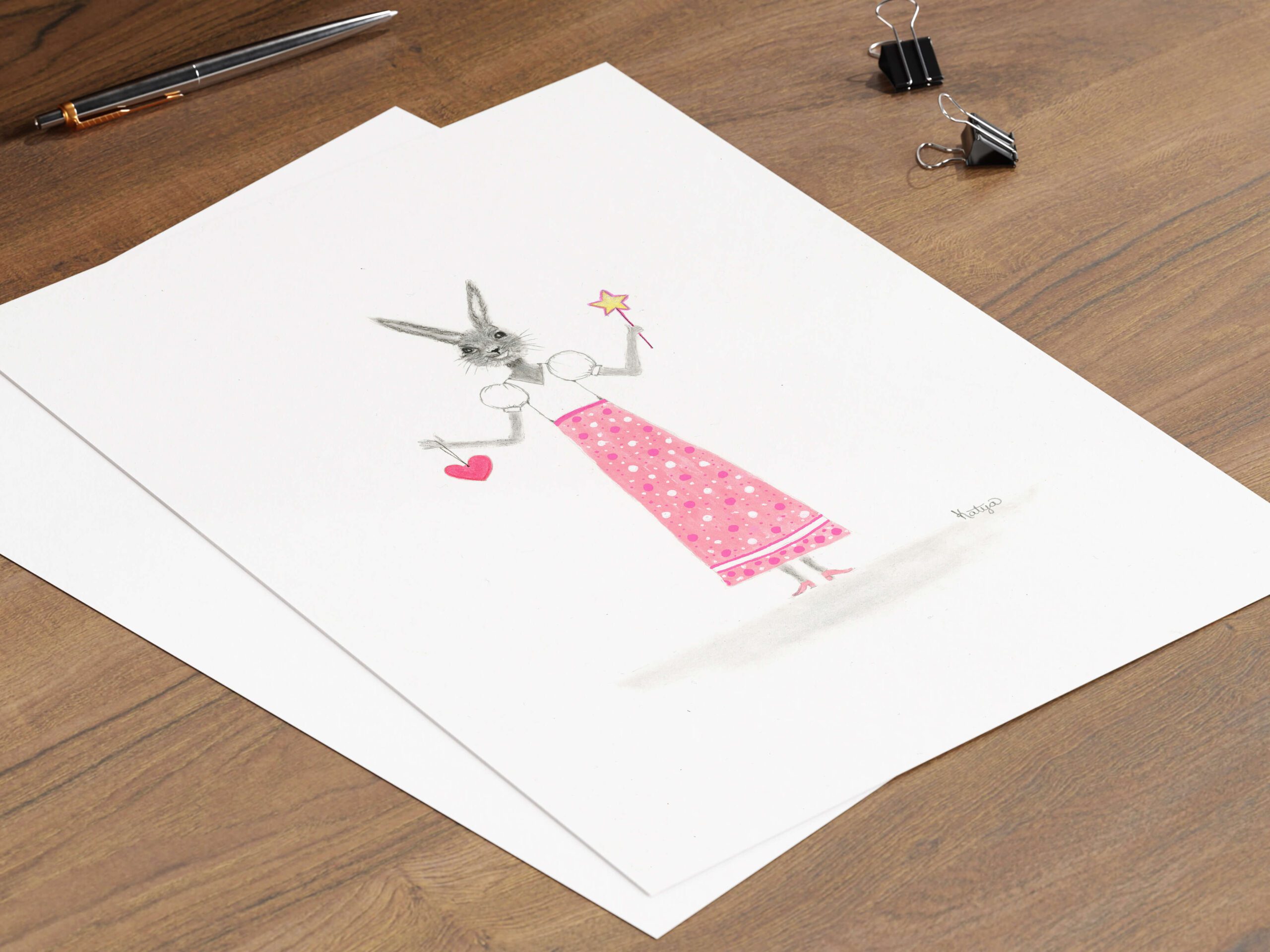 Flat lay of Believe Bunny whimsical note card featuring a hand-drawn charcoal bunny holding a balloon, styled simply against a soft background. A sweet, grounded design perfect for birthdays, everyday notes, or adding charm to a stationery set.