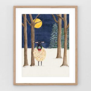 Watercolor painting of a black-faced Suffolk sheep wearing a Christmas wreath, standing in the snow under a moody evening sky—festive farmhouse art by Cathy Turner.