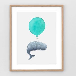 A whimsical watercolor painting of a gentle whale floating in the sky on a colorful balloon, surrounded by soft pastel clouds, evoking a dreamy and magical atmosphere.
