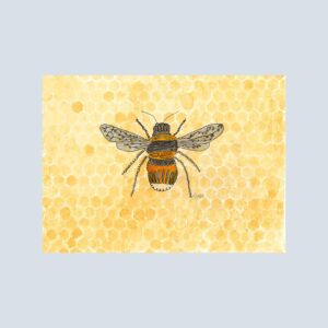 Note card printed with a reproduction of Cathy’s original watercolor, acrylic, and calligraphy artwork of a bee on a golden honeycomb background.