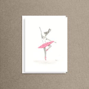 Ballerina bunny note card featuring a hand-drawn dancing rabbit in a pink tutu, blank inside for any occasion