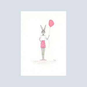Charming note card featuring a sweet bunny dressed in summer clothes, holding a pink balloon.