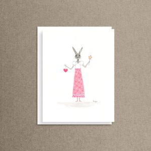 Believe Bunny stationery note card featuring a whimsical bunny in a polka-dot dress holding a glowing heart and star wand—perfect for a thinking of you or just because card.