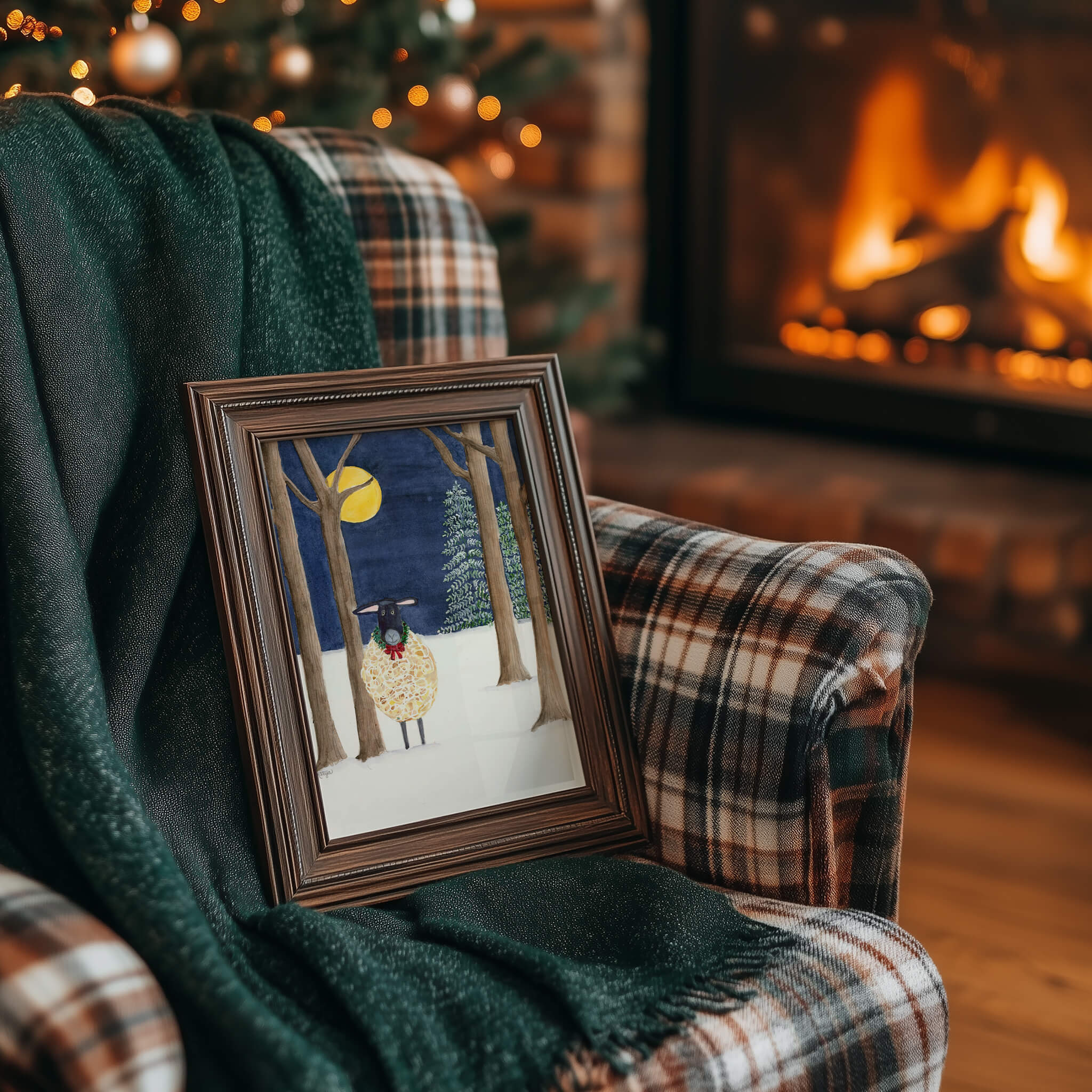 Fleece Navidad sheep print in a dark wood frame, resting on a plaid armchair with a green throw beside a crackling fireplace and Christmas tree