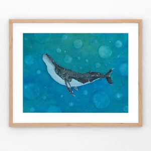 A fine art print of a whale swimming through a dreamy sea of blue and bubbles; ethereal marine artwork by artist Cathy Turner.