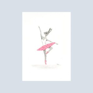 Cute illustration of a sweet bunny wearing a pink polka dot tutu, posing like a ballerina.