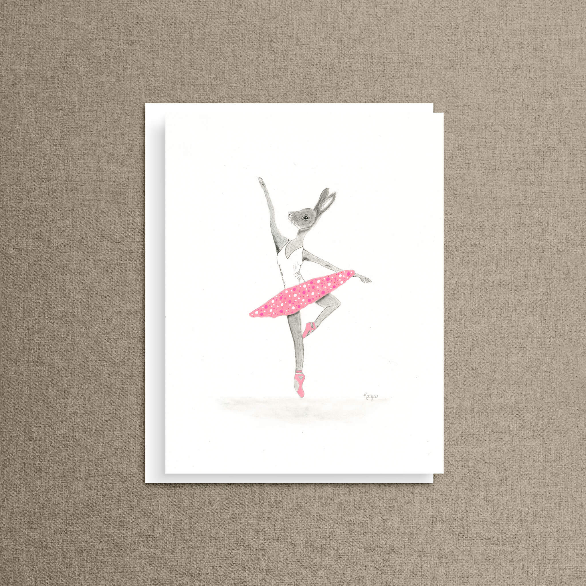 Ballerina Bunny note card featuring a charcoal rabbit in a pink polka-dot tutu, part of a mix and match set of 8 stationery cards