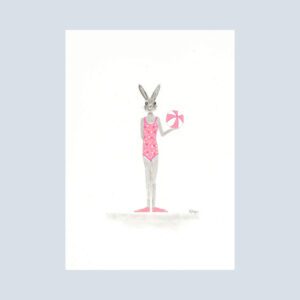 Whimsical illustration of a sweet bunny in a pink polka dot swimsuit, wearing flippers and holding a pink striped beach ball.