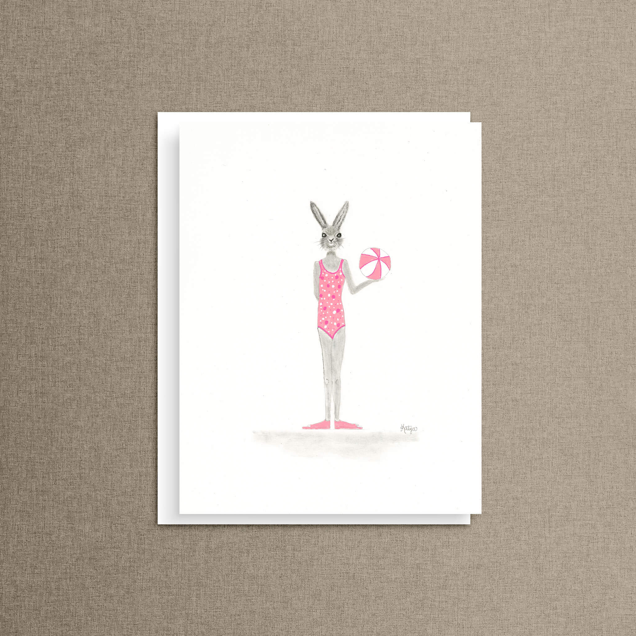 Whimsical bunny rabbit note card featuring a bunny in a white tee and pink polka-dot shorts holding a pink balloon — a cute animal card perfect for birthdays and celebrations.
