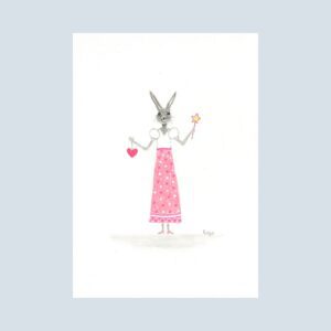 Believe Bunny whimsical note card is an adorable illustration of a bunny in a pink polka dot dress holding a wand in one hand and a heart in the other.