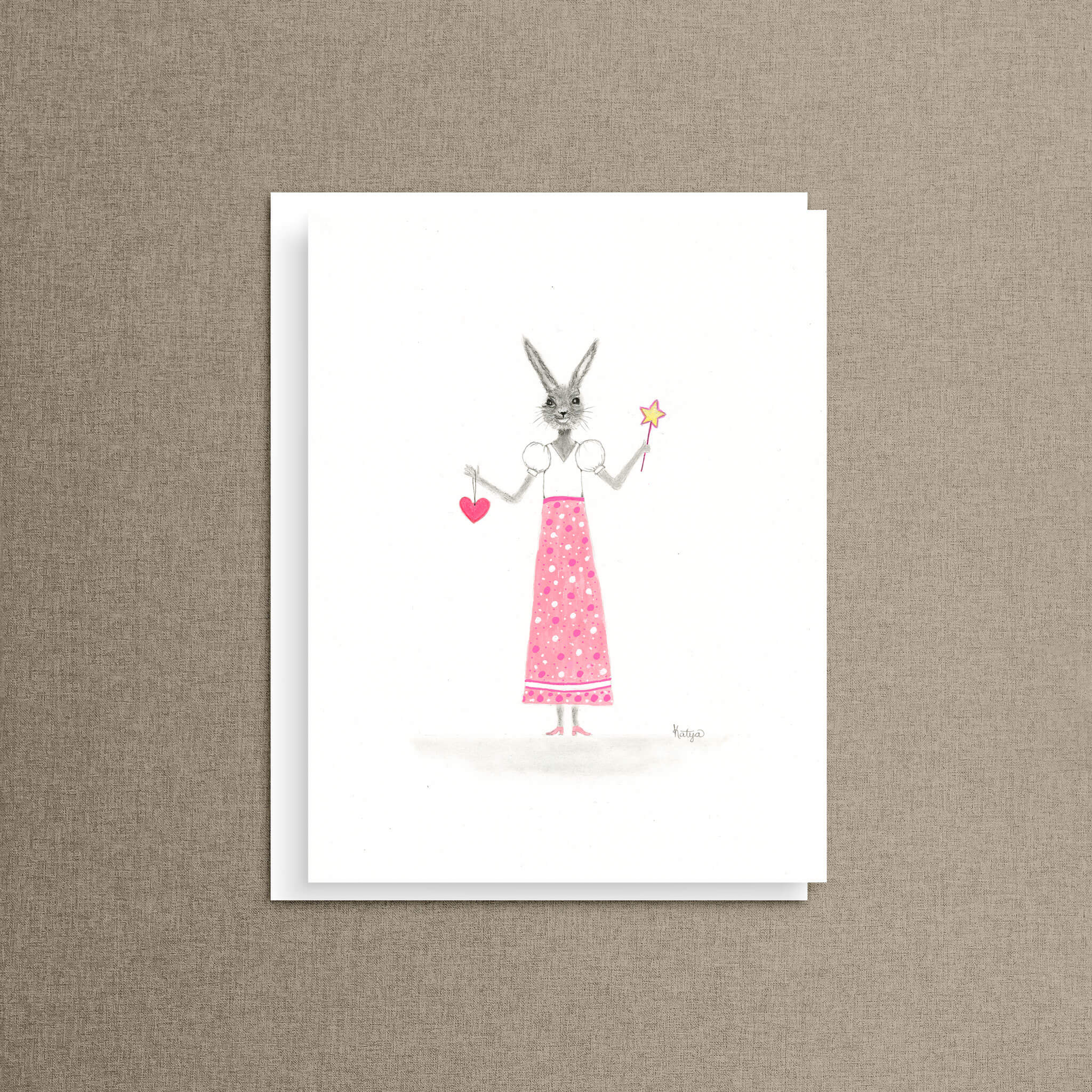 Whimsical note card from the Believe Bunny mix and match set—a stationery card featuring a bunny holding a glowing heart and star wand, part of a set of 8.