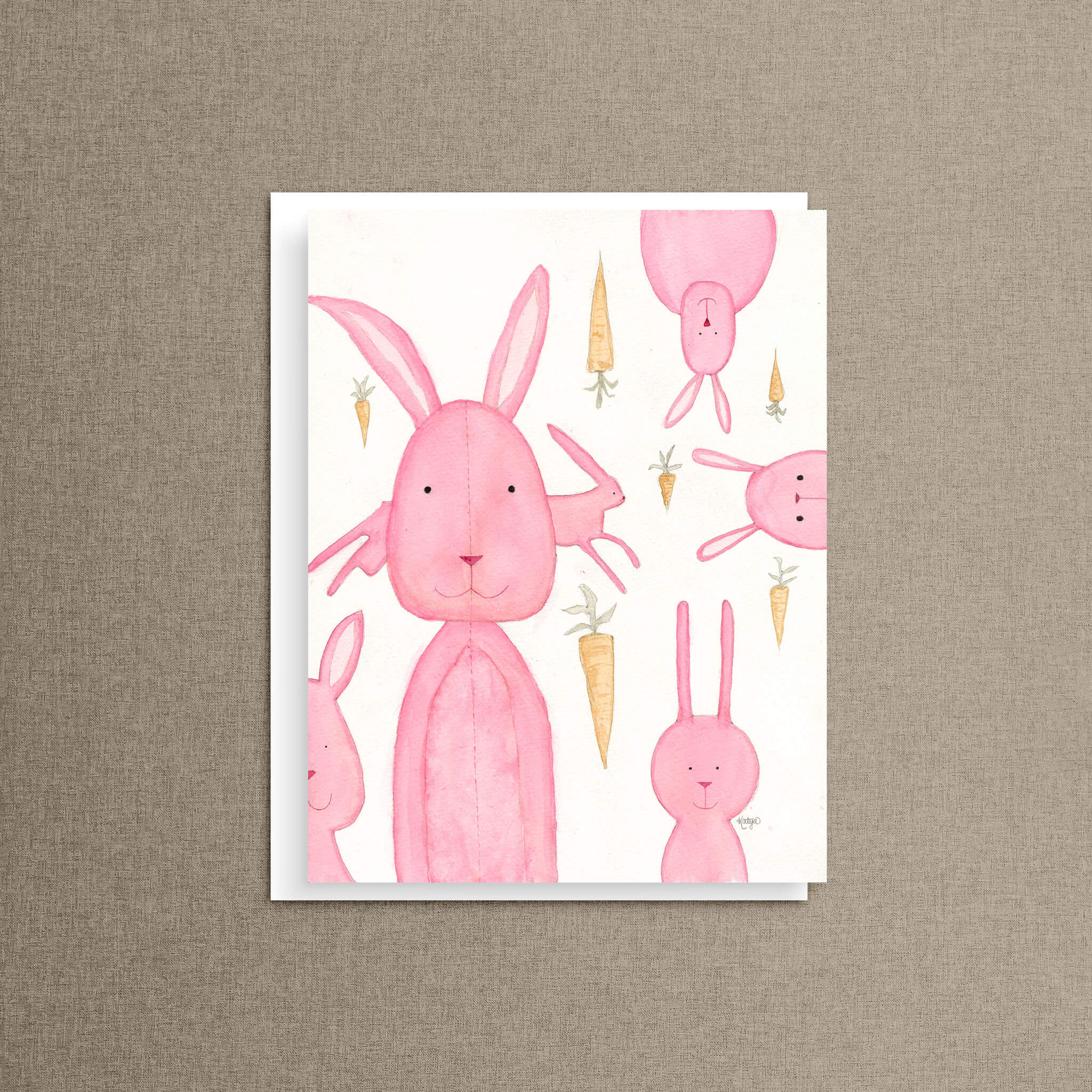 Bunny rabbit note card with pink watercolor bunnies and carrots, part of a mix and match set of 8 blank note cards.