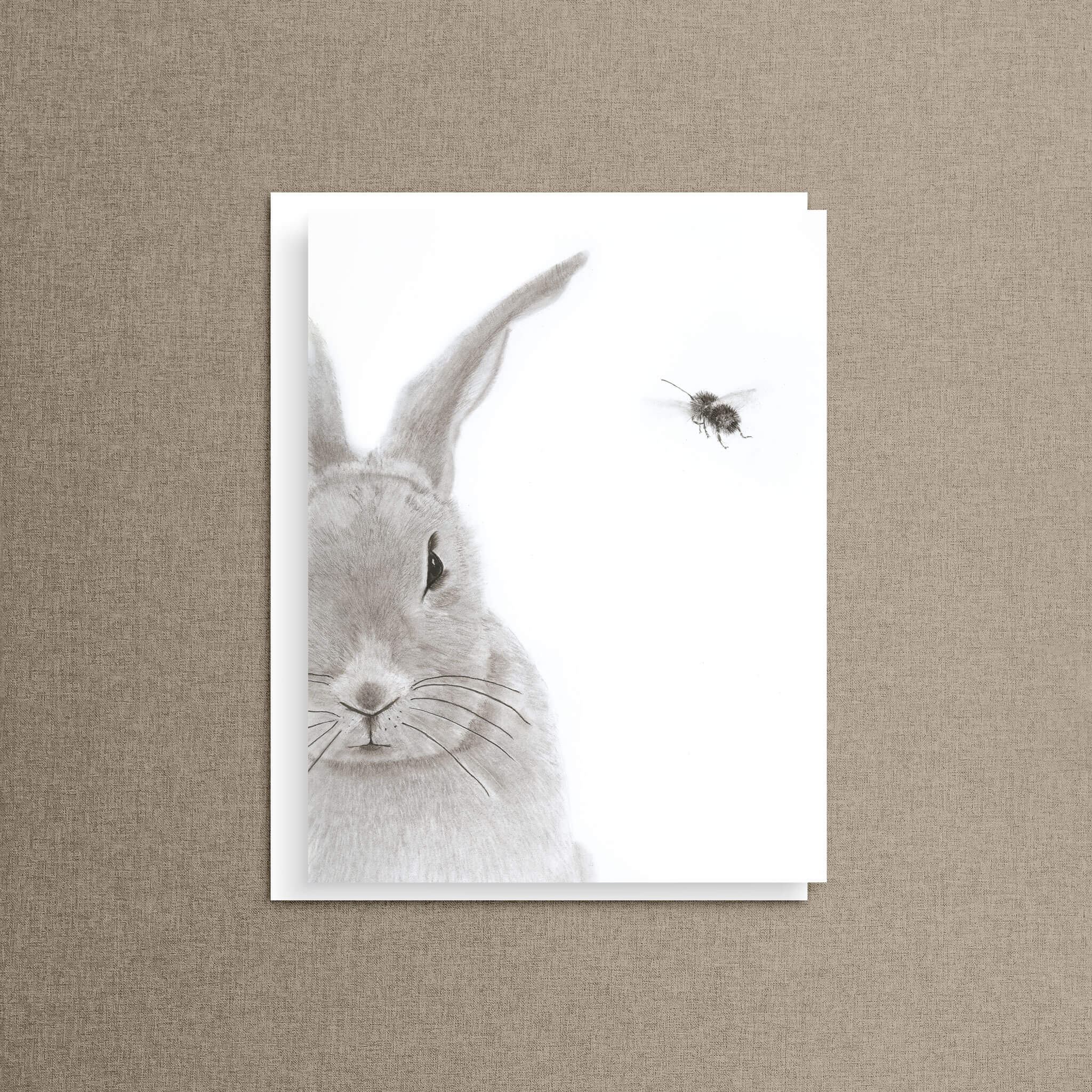 Rabbit illustration of a bumblebee flying above, featured on a Honey Bunny whimsical note card from the mix and match set of 8