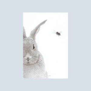 Whimsical honey bunny note card featuring a black and white bunny with a buzzing bee in a charcoal illustration.