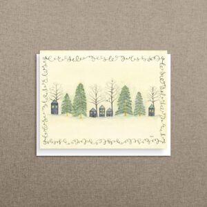 Peaceful Hilltop christmas greeting card watercolor with a snowy row of cottages and evergreens against a cream background.