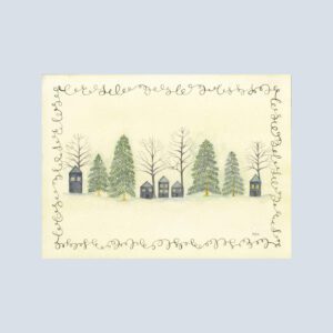 Snowy hilltop with cozy houses, evergreens, and bare trees framed by a delicate calligraphy border — a peaceful winter scene.
