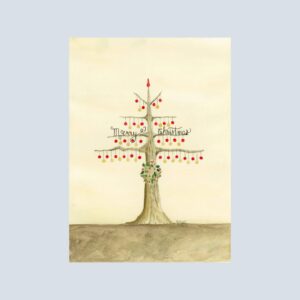 Watercolor Christmas note card with bare branches, red baubles, and Merry Christmas calligraphy.