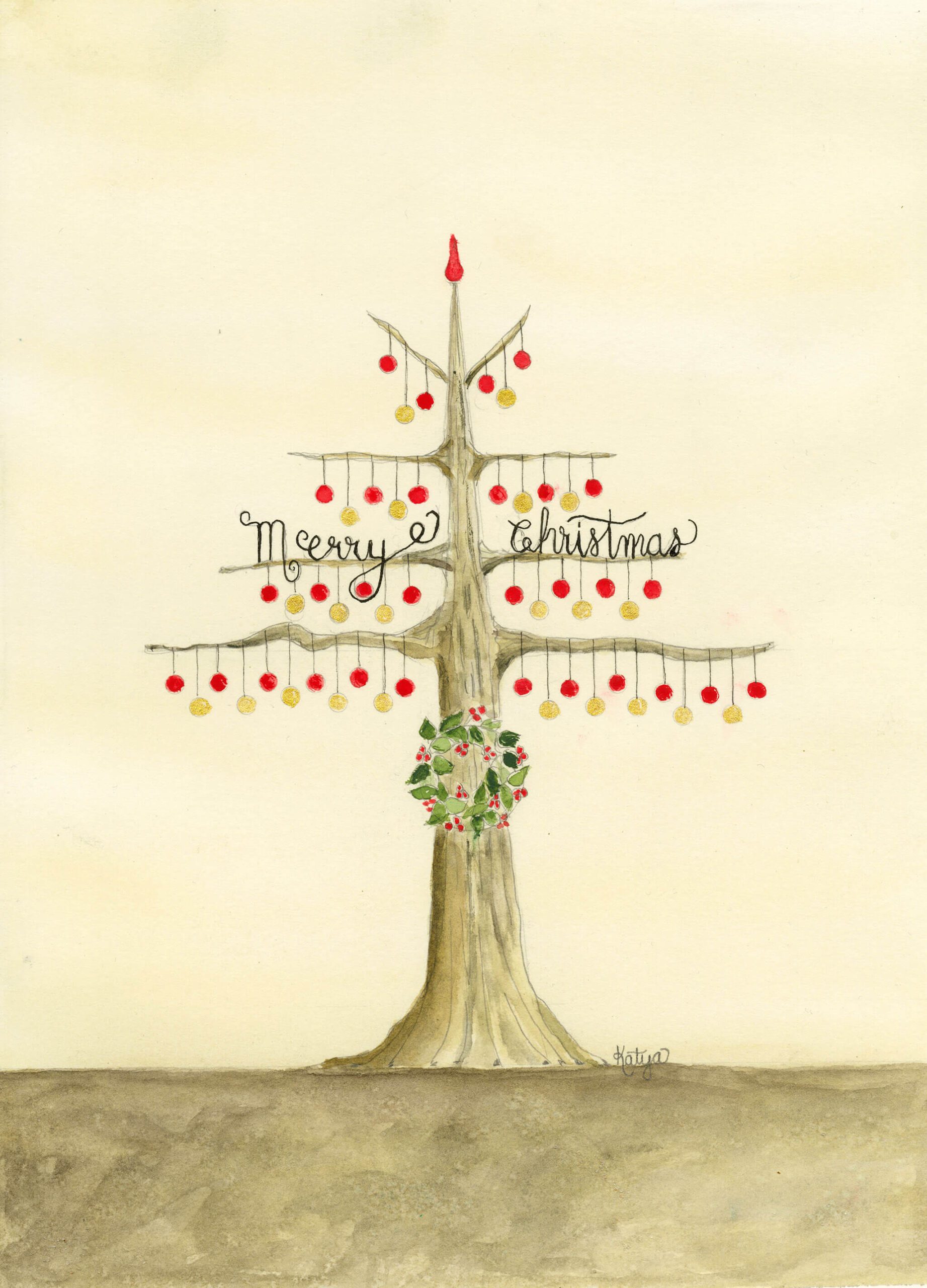 Christmas ornaments card with a watercolor tree hung with red and gold baubles, a holly wreath, and "Merry Christmas" script.