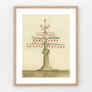 Original watercolor Christmas ornaments painting of a bare-branched tree hung with red and gold baubles, a holly wreath, and Merry Christmas calligraphy, in an oak frame