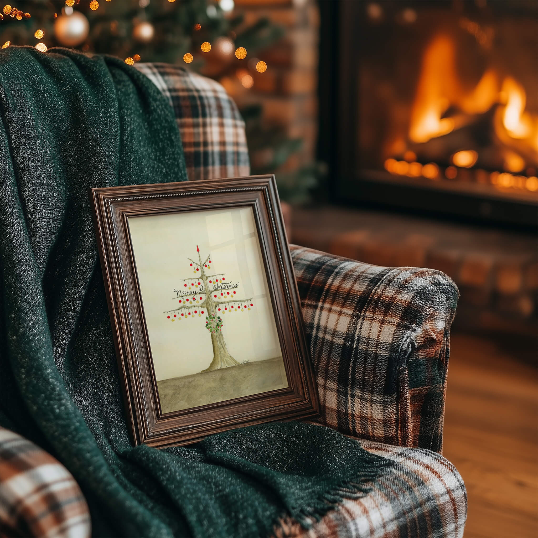 Original Christmas watercolor painting of a tree with red and gold baubles in a dark wood frame, resting on a plaid armchair with a green throw by a crackling fireplace
