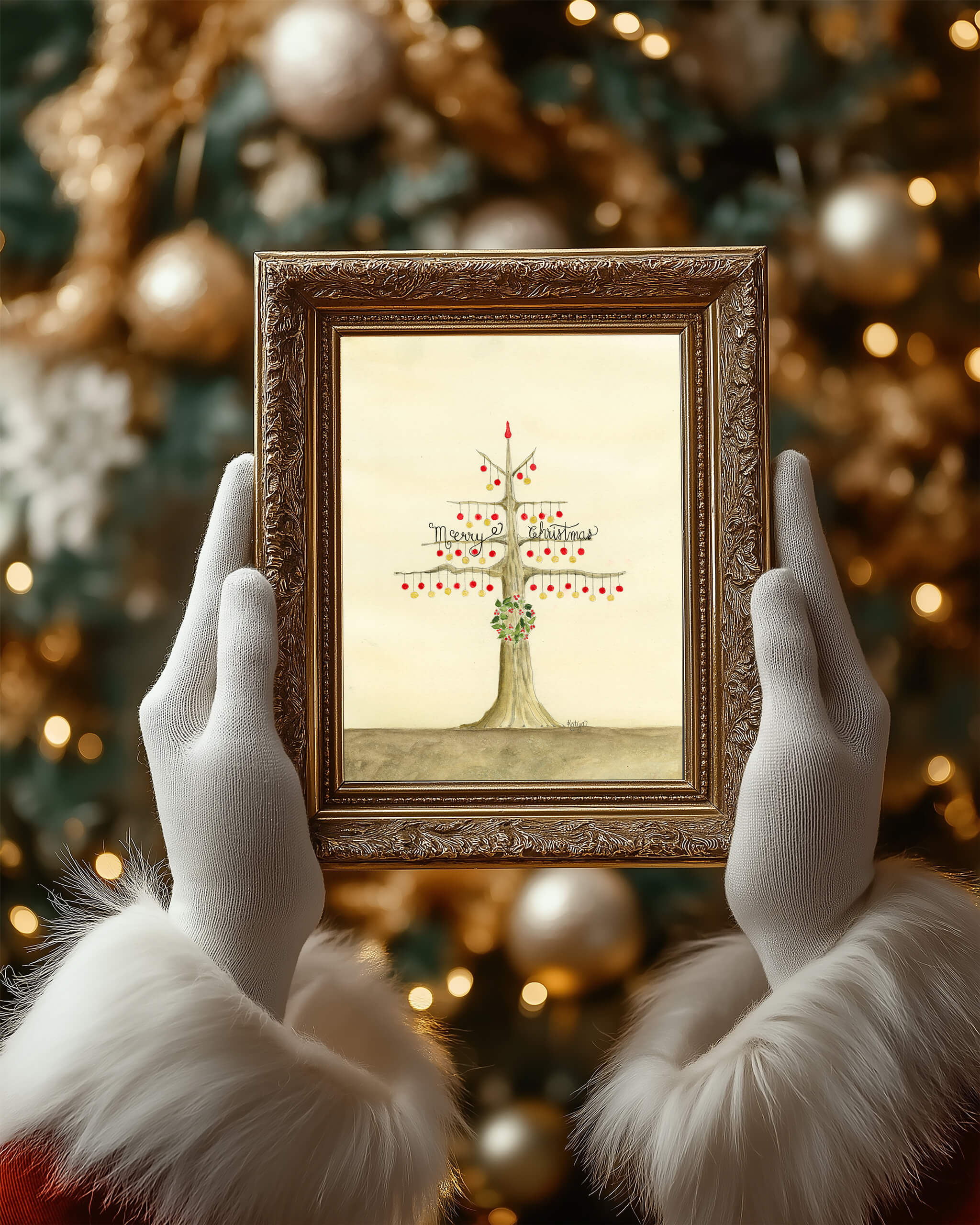Santa's white-gloved hands holding an original Christmas ornaments painting of a watercolor tree with red and gold baubles in an ornate gold frame