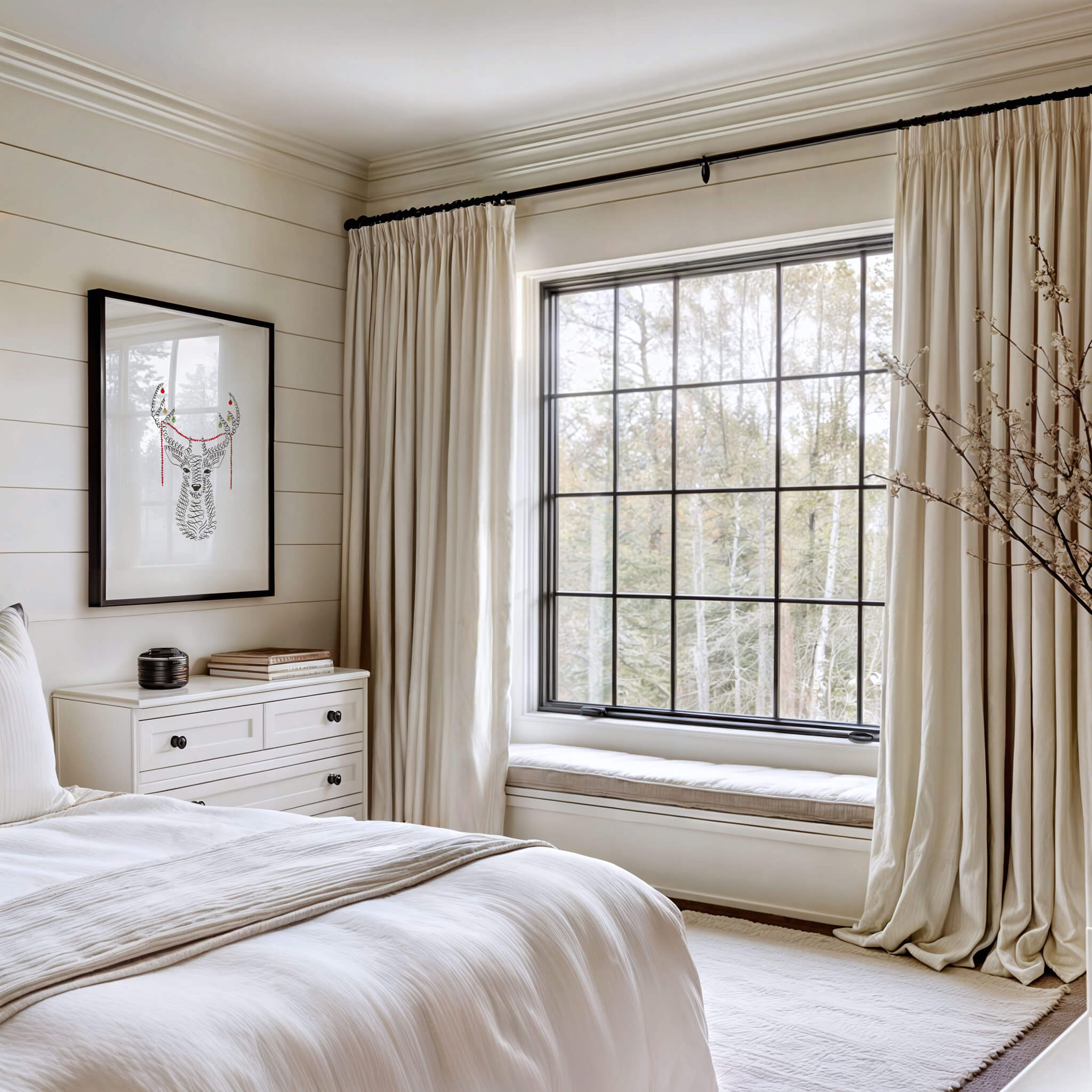 Original black and white deer drawing with red garland and baubles in a black frame on an ivory shiplap wall above a white dresser in a serene bedroom.