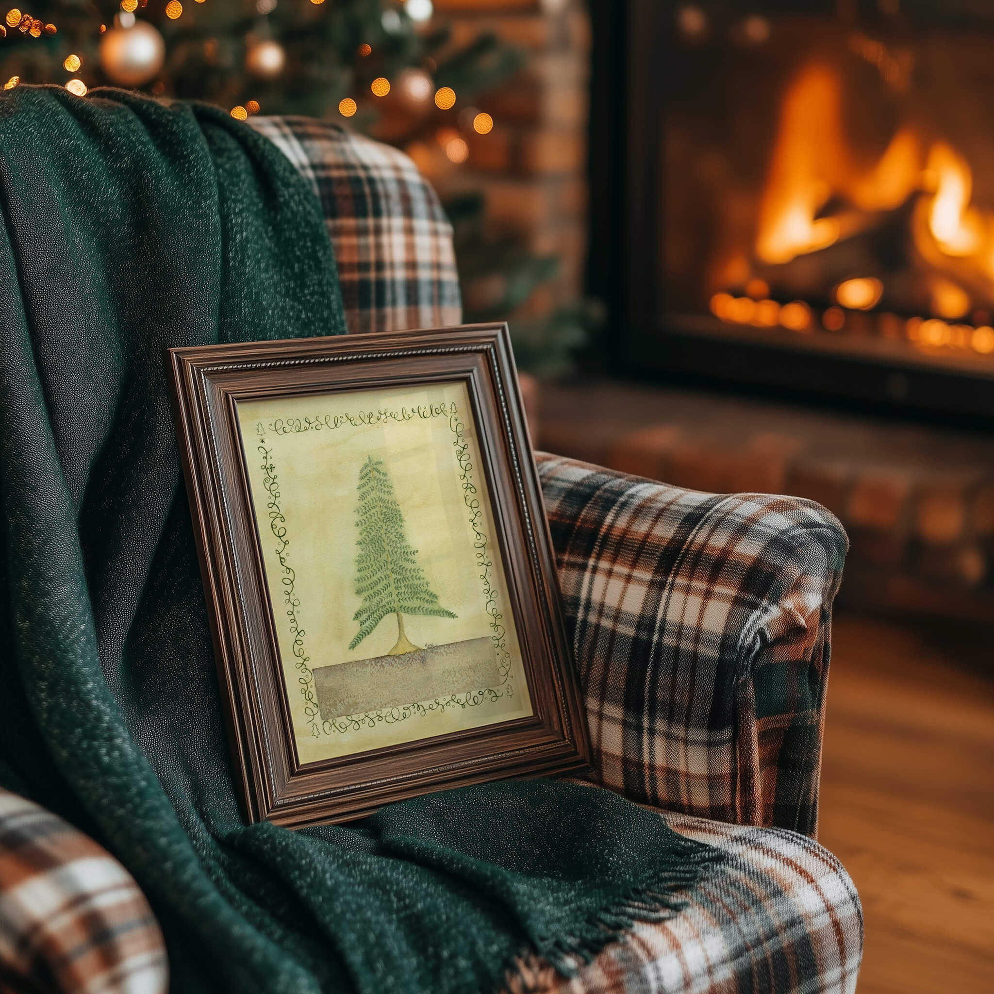Original watercolor painting of a pine tree with a calligraphy border in a dark wood frame, propped on a plaid armchair with a green throw beside a glowing fireplace