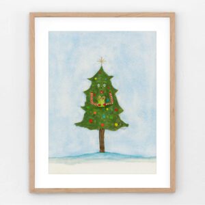 Original Christmas painting of a whimsical watercolor tree in boots holding out a gift, shown in a light oak frame on a white wall