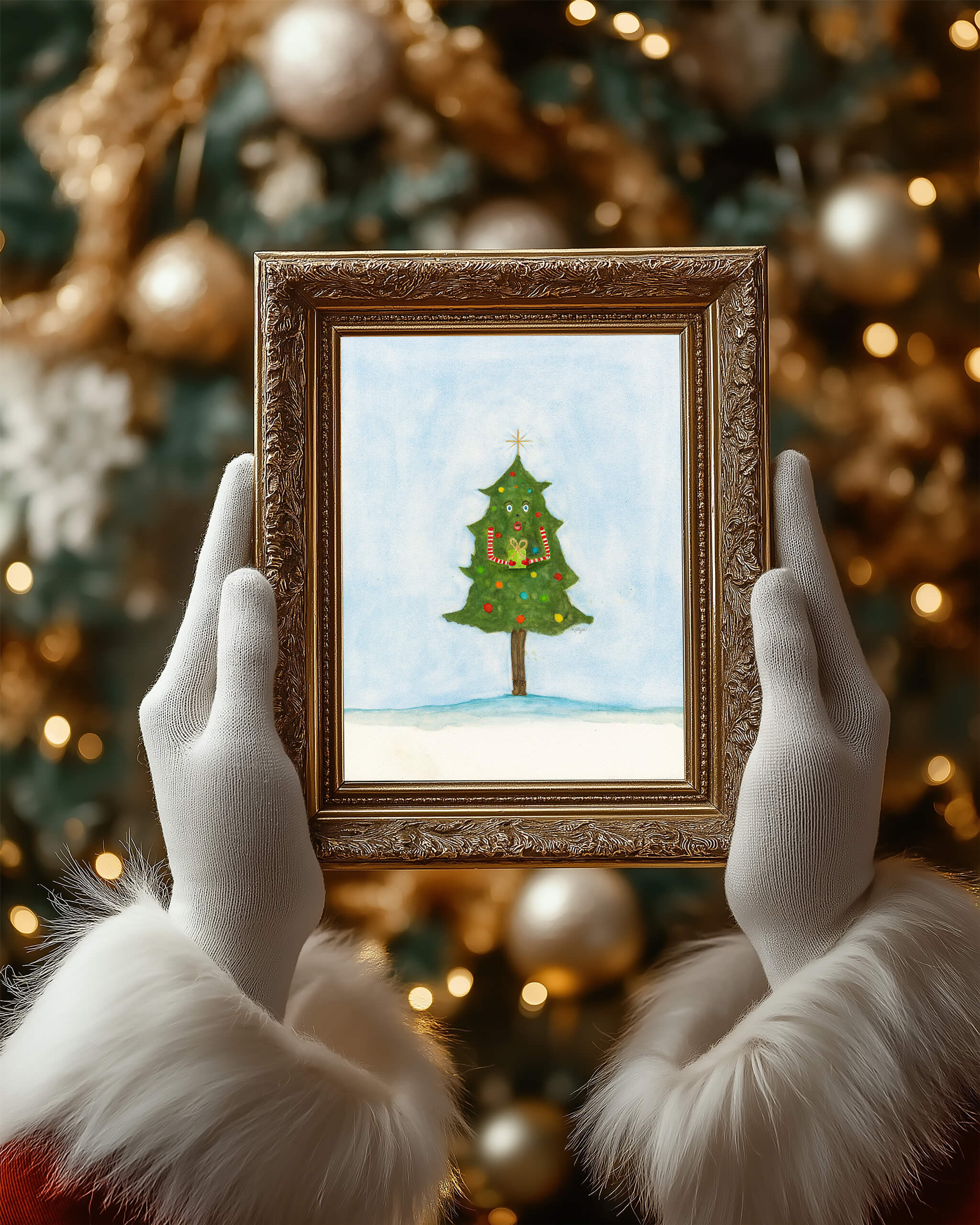 Santa's white-gloved hands holding an original Christmas painting of a whimsical watercolor tree in an ornate gold frame, in front of a glowing tree