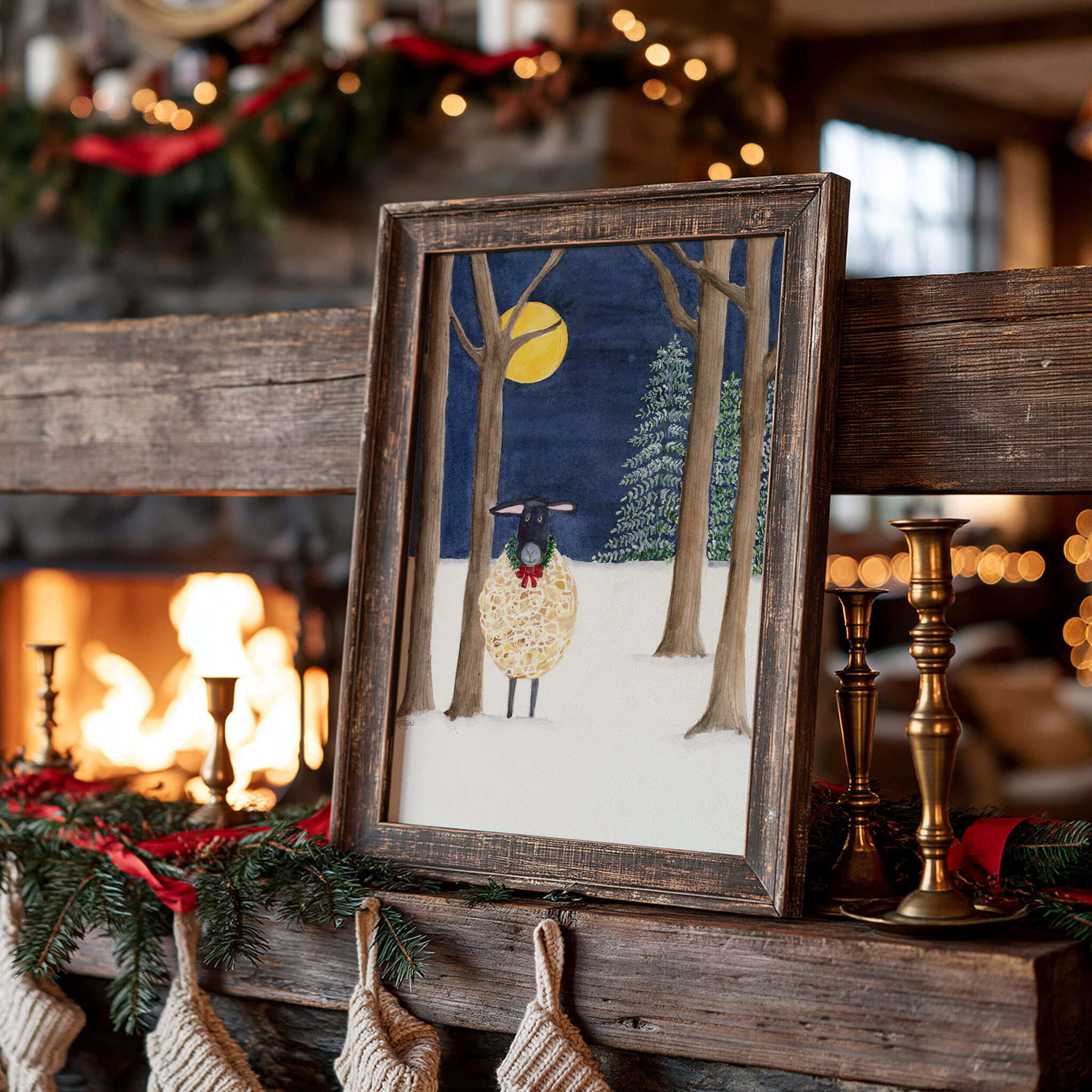 Original sheep painting of a black-faced Suffolk sheep wearing a green holiday wreath under a full moon, framed on a rustic Christmas mantel by the fireplace