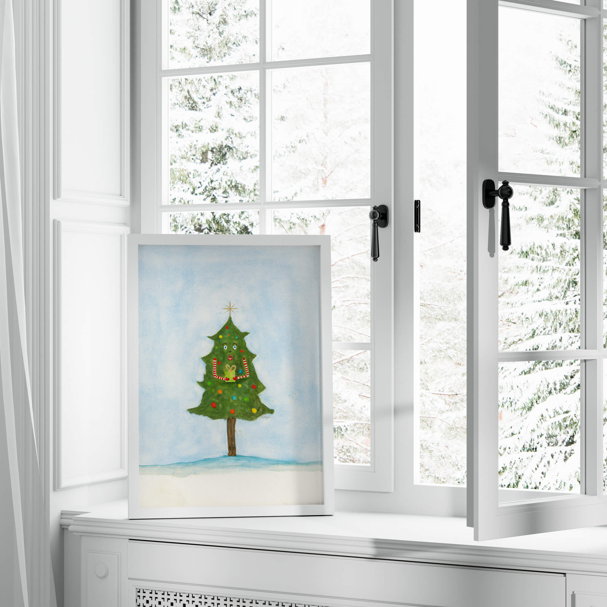 The Gift Giver Christmas art print in a white frame by a window overlooking snowy evergreens — whimsical holiday artwork perfect for Christmas décor.