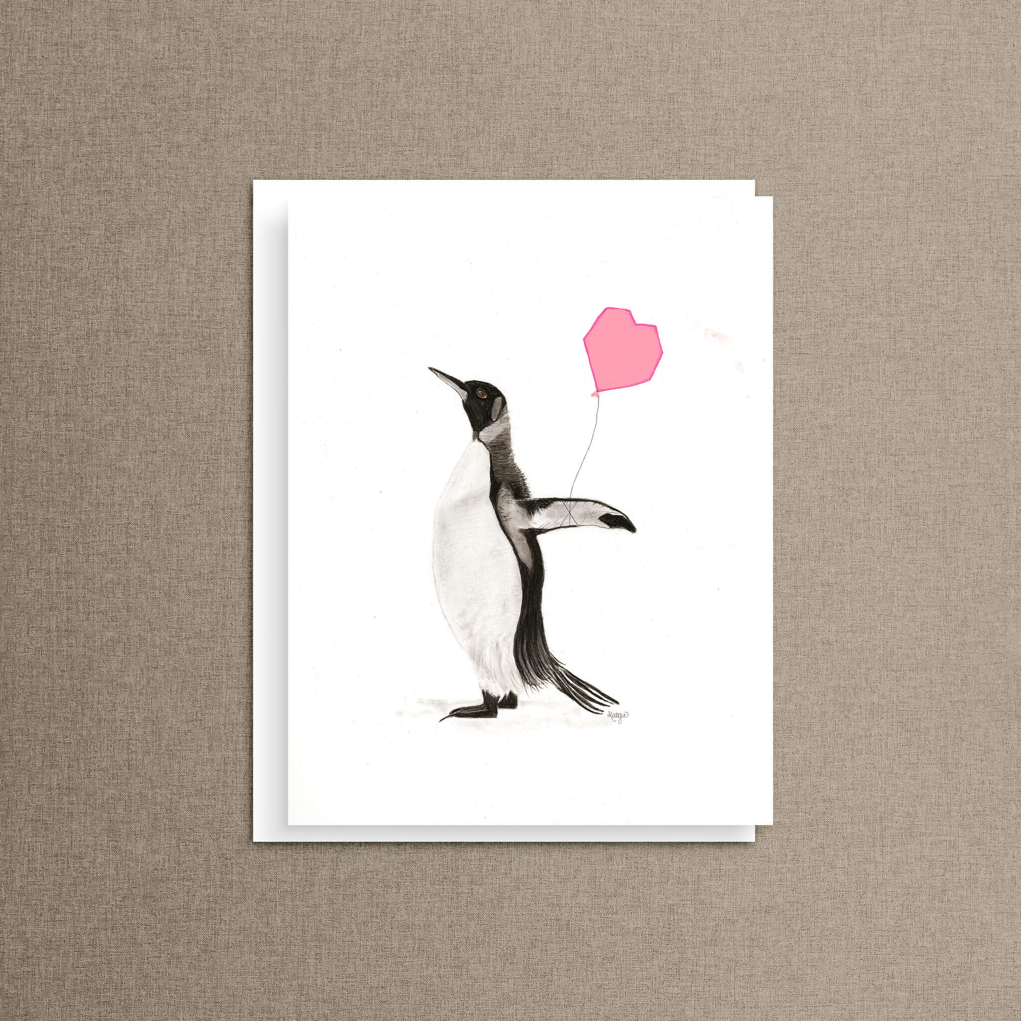 Emperor penguin love card with pink heart balloon, one design in a mix and match set of 8