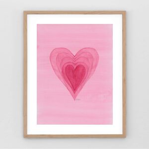 Full of Hearts art print in a simple wooden frame, featuring soft pink nested hearts against a pink background.