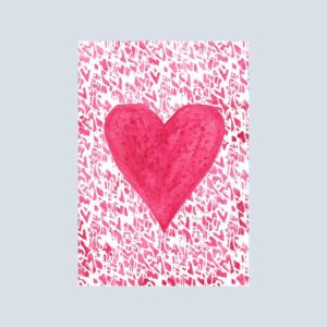 Heart to Heart note card featuring a deep pink watercolor heart on a pastel pink heart-pattern background
