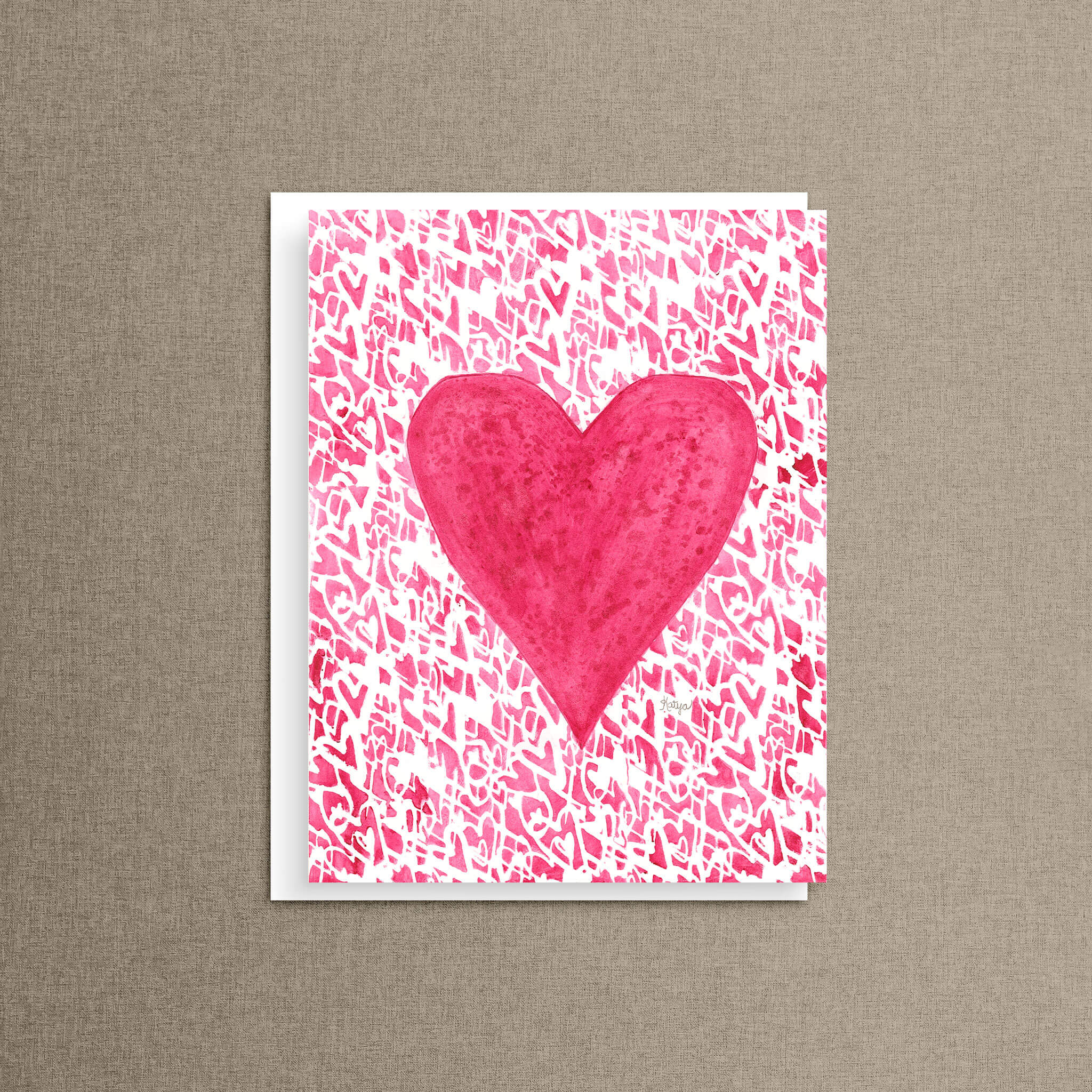 Abstract watercolor heart card in pink, hand-painted heart texture background, part of a Mix & Match Set of 8 notecards