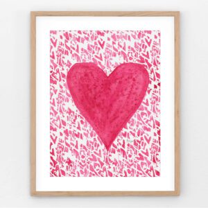 Bold deep pink heart with dark splatter texture, set on a background of small pink hearts, sweet and simple design, perfect for nursery or Valentine’s décor.
