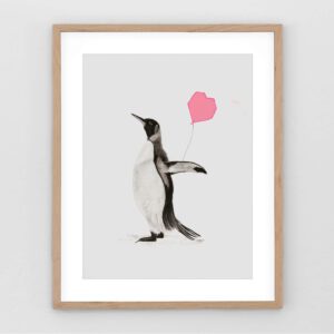 Charcoal penguin art with pink heart balloon, whimsical penguin wall art in neutral wood frame