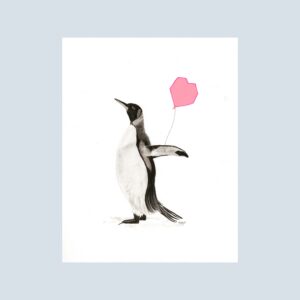 Penguin Love note card with pink balloon on white background