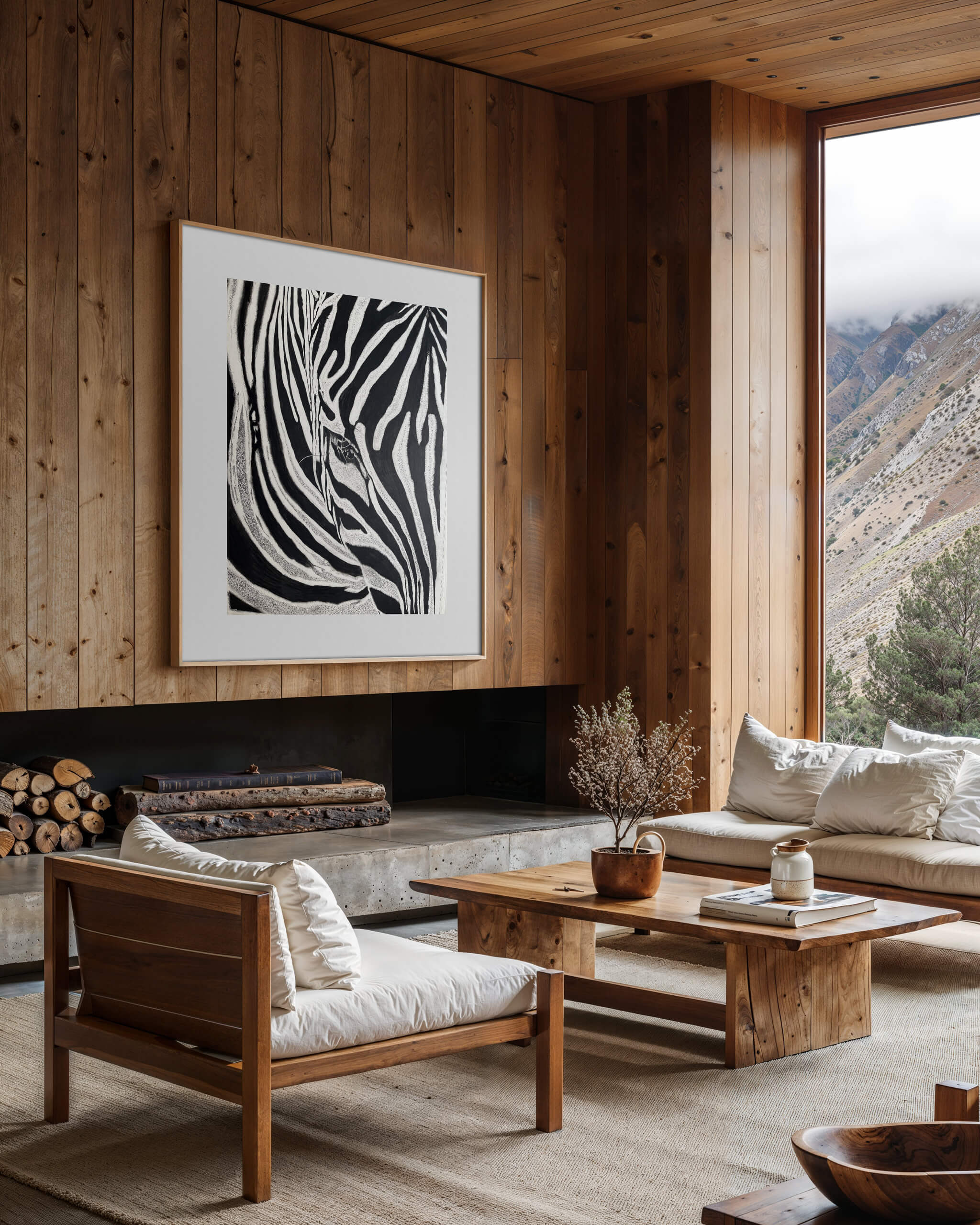 Simply Stripes zebra artwork in a light wood frame displayed on a wood-paneled wall in a cozy mountain cabin living room. The space features a stone fireplace with stacked firewood, a wood lounge chair, an ivory sofa with pillows, and a window overlooking misty mountains.