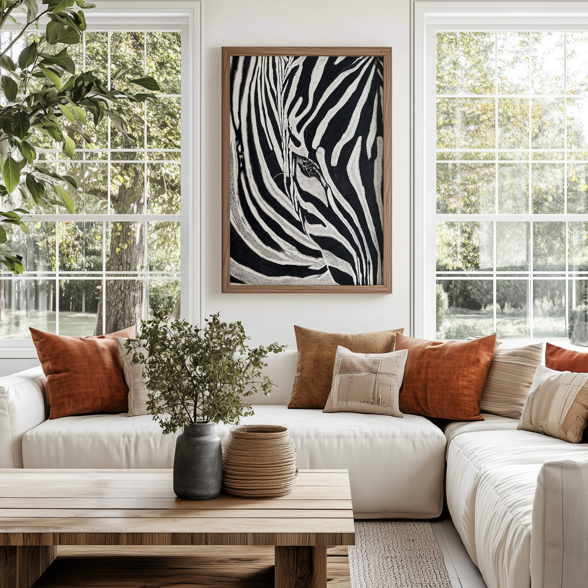 Zebra print by Simply Stripes in an oak frame on a cream wall in a bright living room. Terracotta and warm pillows dress an ivory sofa, with a wood coffee table, greenery, and big windows filling the space with natural light.