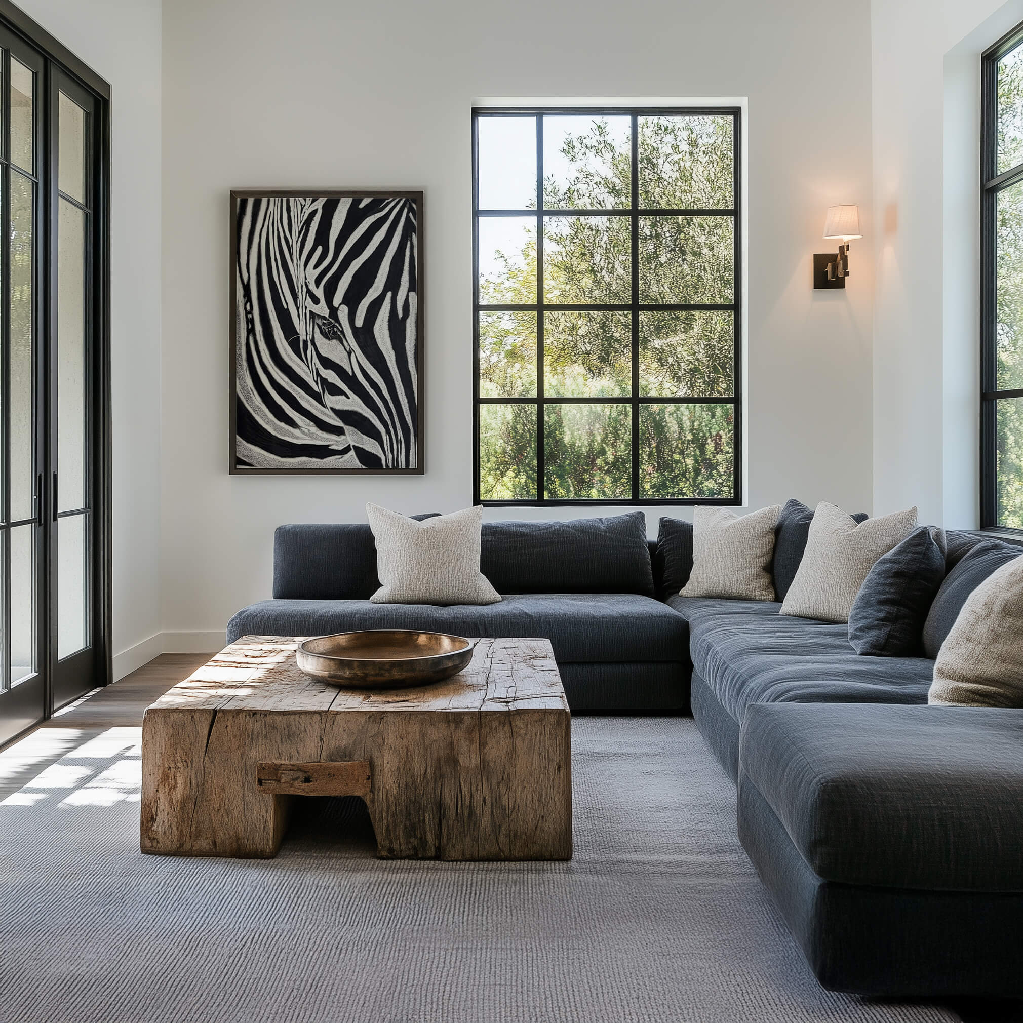 Zebra print by Simply Stripes in a black frame beside a large window in a moody, modern living room. A deep navy sectional, live-edge wood coffee table, and floor-to-ceiling black-paned doors bring in warm evening light and garden views.