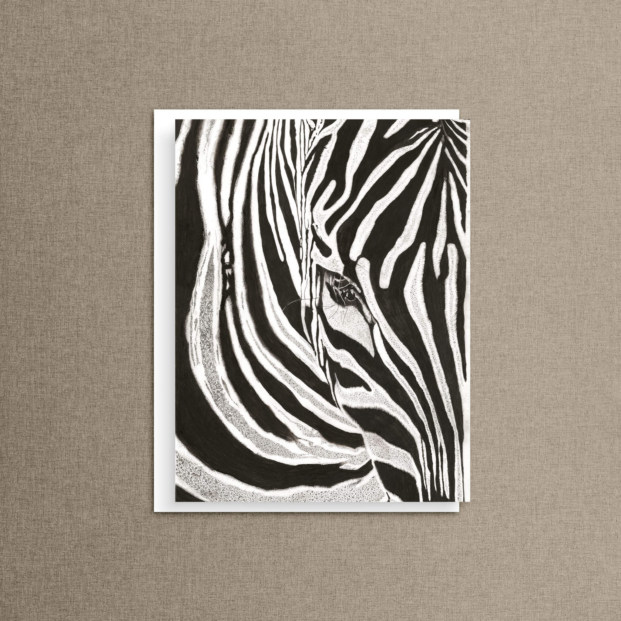 Simply Stripes zebra print charcoal artwork centered on a warm taupe linen background, showcasing the bold black and white stripes and dotted texture up close.