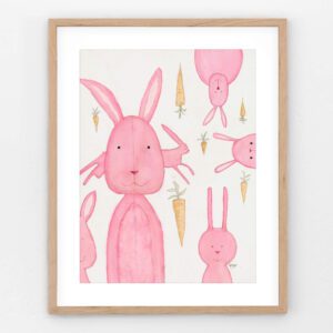 Whimsical illustration of playful pink bunny rabbits gathered around scattered carrots, titled Bunny Bunny.”
