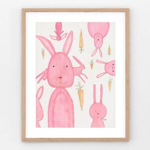 Original whimsical illustration of playful pink bunny rabbits gathered around scattered carrots, titled “Hungry Bunny Rabbits.”