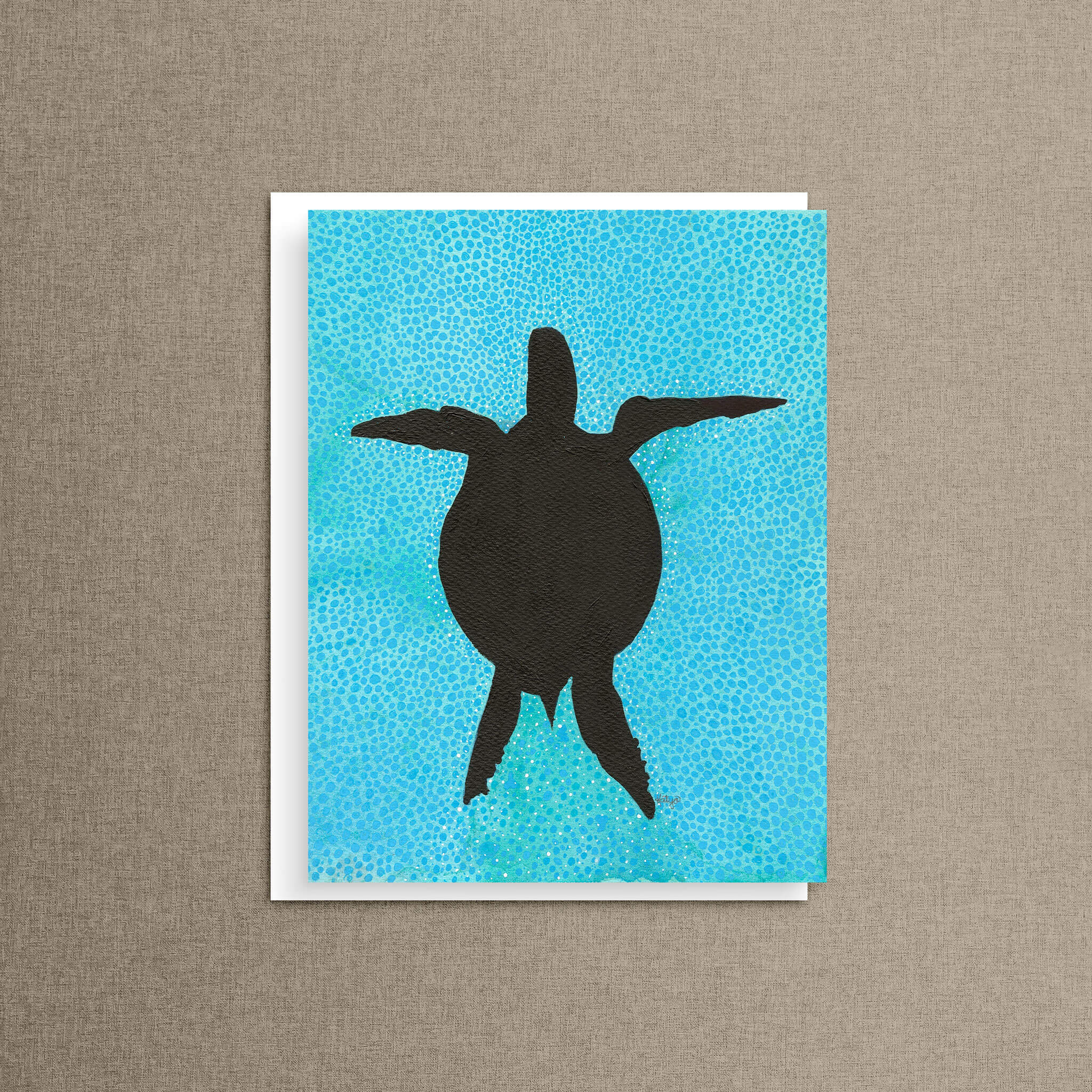 Turtle silhouette note card and envelope on natural linen background