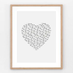 I love you framed print with repeated “I Love You” typography forming a heart on a white background, minimalist romantic wall art for cozy corners, bedrooms, nurseries, or gallery walls.