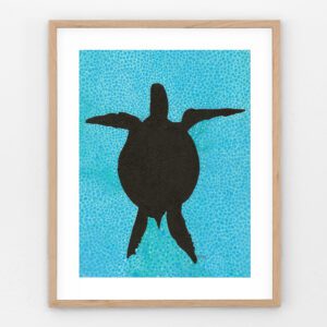 Black turtle silhouette swimming through detailed blue water with small blue & white dots, minimalist ocean-inspired turtle art print.